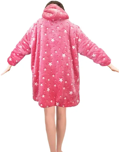Светящийся взрослый худи толстовка Huggle Hoodie Stars Dream 2в1 унисекс оверсайз толстовка-плед с карманом и капюшоном на флисе 126х180 Розовая