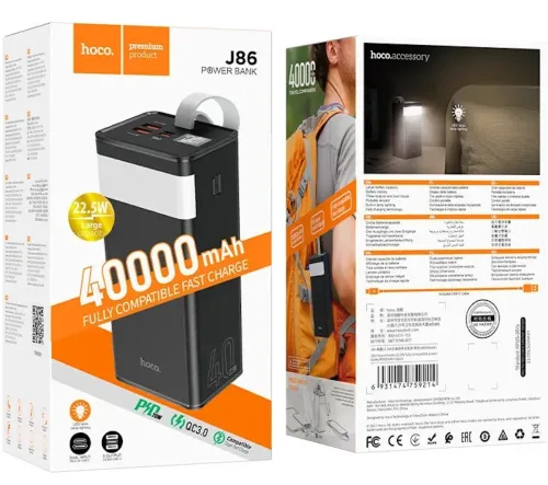Зовнішній акумулятор з швидкою зарядкою Power Bank Hoco J86 40000mah 22.5 W, Портативна батарея повербанк Хоко 18w з ліхтариком і ремінцем Чорний