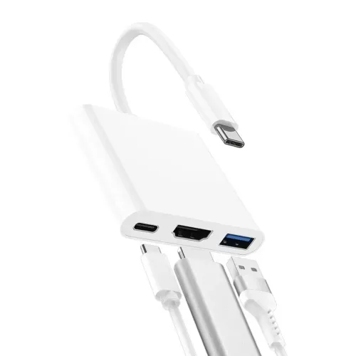 Кабель, адаптер, конвертер Buro Type-C на HDMI, USB 3.0, Type C, 3 в 1 концентратор для пристроїв з Type з портом, Перехідник hub розгалужувач білий
