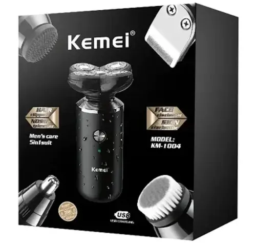 Мужская аккумуляторная электробритва триммер 5 в 1 Kemei KM-1004 для стрижки и бритья волос, бороды, носа и ушей со сменными насадками эпилятор 5W