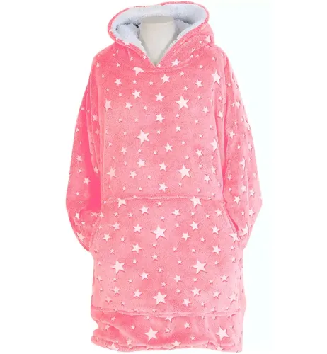 Светящийся взрослый худи толстовка Huggle Hoodie Stars Dream 2в1 унисекс оверсайз толстовка-плед с карманом и капюшоном на флисе 126х180 Розовая