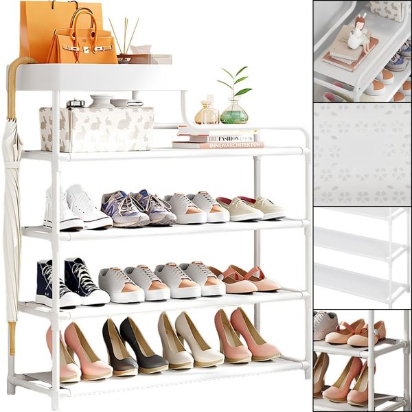 Обувниця з полицею для аксесуарів Araqel Shoe Rack стелаж органайзер для зберігання взуття 60х21х78 см металева стійка на 5 полиць в передпокій Біла