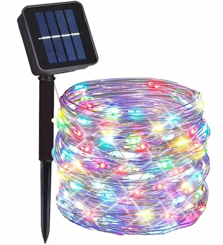 Уличная светодиодная гирлянда Solar String Lights 12 метров 100 LED RGB диодов с солнечной панелью, Водонепроницаемая Роса с пультом Мультицветная