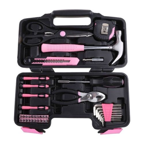 Жіночий набір інструментів Apollo Tools DT9706P 39 предметів, Універсальний комплект інструменту молоток викрутки плоскогубці плоскогубці ножиці ножиці біти Рожевий