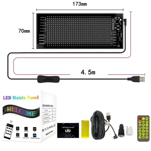 Гнучкий екран Matrix Panel JTPD-03-011 7х17.3 см 16х32 LED світлодіодна рекламна RGB стрічка в авто, рядок, що біжить, з пультом і Bluetooth WiFi