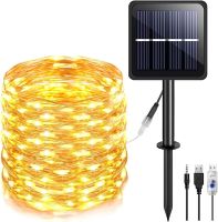 Вулична Світлодіодна гірлянда Solar String Lights LS48 - 100WW 12 метрів 100 LED діодів Теплий білий Роса Warm light з сонячною панеллю для дерев і веранд