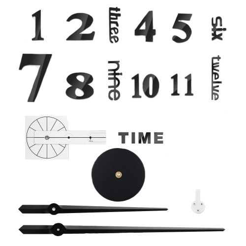 Великі 3D безшумні настінні годинники Diy Clock ZH01510 BLACK 90 см, Безкаракасні самоклеючі 3Д годинник цифри на стіну для дому, офісу чорні