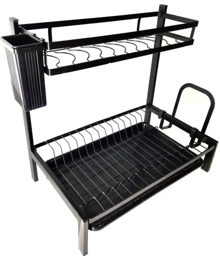 Металева двоярусна сушарка органайзер Kitchen rack double deck MJ-4014 над раковиною, стійка 2 яруси для сушіння і зберігання посуду з піддоном