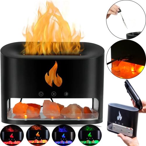 Настольный увлажнитель воздуха ночник с соляными камнями Docsal Flame Aroma Diffuser CAO с LED подсветкой 5W, Соляная лампа аромадиффузор Черный