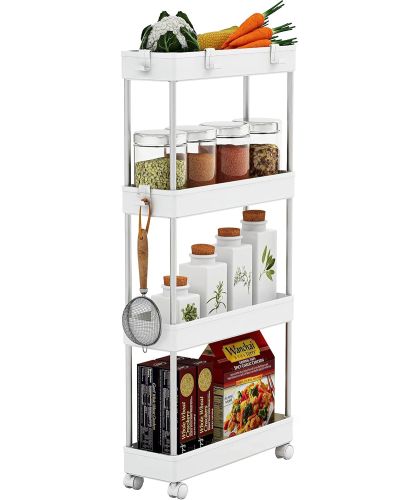 Підлогова вузька Полиця органайзер Bathroom Rack XYX-2020 на 4 яруси для кухні та ванної на коліщатках 40x22, 5x90 см, етажерка MAG-740 4 рівня Біла
