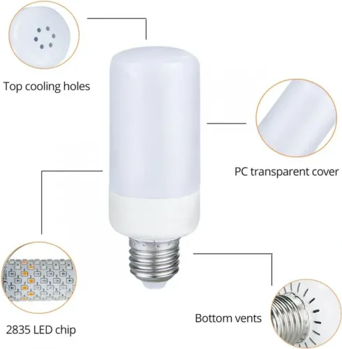 Світлодіодна декоративна лампочка LED Flame Light E27 9W з RGB ефектом полум'я у формі кукурудзи в патрон кольорова лампа 2200K з імітацією вогню