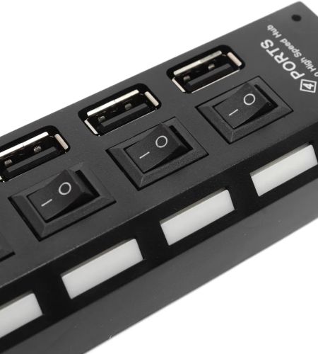 USB хаб Memos на 4 порти з перемикачами Black, живлення від USB 2.0 розгалужувач з кнопками on off концентратор перехідник HUB 480 Мбіт 5В Чорний