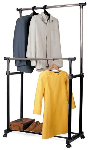 Телескопічна стійка-вішалка для зберігання одягу та взуття Double Pole Clothes Horse підлогова пересувна стійка, подвійна вішалка на коліщатках