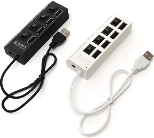 USB хаб Memos на 4 порти з перемикачами White, живлення від USB 2.0 розгалужувач з кнопками on off концентратор перехідник HUB 480 Мбіт 5В Білий