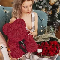 Маленький ведмедик з штучних 3D троянд Teddy Bear de Luxe 25 см Burgundy, бордовий ведмідь Тедді