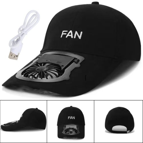Бейсбольна кепка з вентилятором fan RS-75 Чорна, Сонцезахисна, охолоджуюча USB бейсболка з обдувом, акумулятором на сонячній батареї, літня