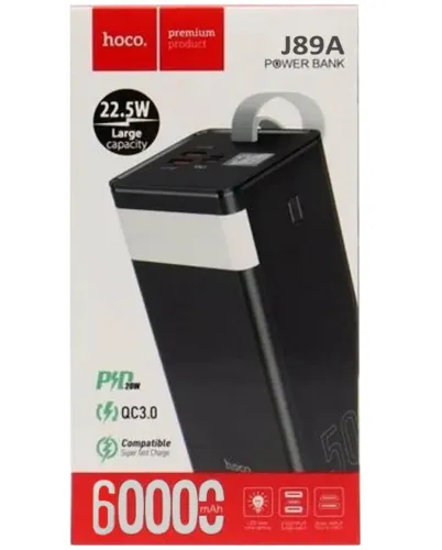 Зовнішній акумулятор з швидкою зарядкою Power Bank Hoco J89A 60000MAH 22.5 W, Портативна батарея повербанк Хоко 18w з ліхтариком і ремінцем Чорний