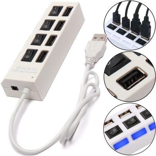 USB хаб Memos на 4 порти з перемикачами White, живлення від USB 2.0 розгалужувач з кнопками on off концентратор перехідник HUB 480 Мбіт 5В Білий