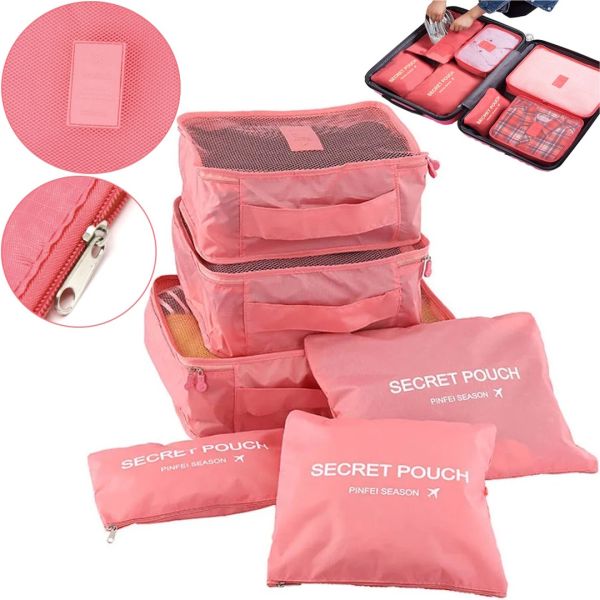 Набір дорожніх сумок органайзерів Secret Pouch 6 штук рожеві, чохли мішки для зберігання одягу у валізі, водонепроникні для подорожей laundry