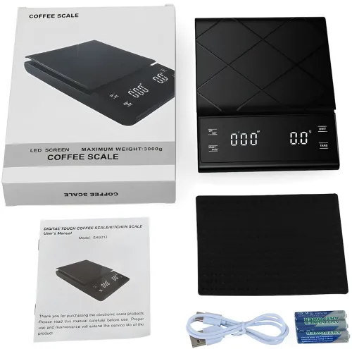 Кухонные сенсорные весы Coffee Scale EK6012 до 5 кг, аккумуляторные весы для взвешивания кофе с LED-дисплеем, таймером и плоской платформой 4058