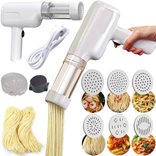 Ручна машинка для приготування і нарізки локшини Pasta Maker XL-859 Пастамейкер бездротовий пістолет, знімний прес з насадками на акумуляторі Білий
