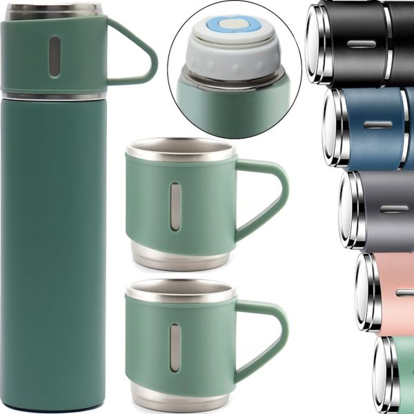 Подарунковий набір термос Vacuum Flask Tea Set з вакуумною ізоляцією 500 мл з 3 кружками Бокс з термокружкой і чашками з нержавіючої сталі