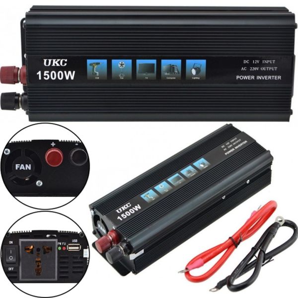 Автомобільний інвертор UKC 12V - 220V 1500W, авто перетворювач напруги струму 12В 1500Вт від акумулятора і прикурювача з захистом від перевантаження