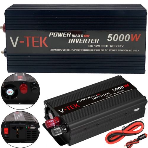 Автомобільний інвертор V-TEK PowerMaxx SSK-5000W 12V - 220V від прикурювача і акумулятора, Авто перетворювач напруги струму 12В 5000Вт, Чорний