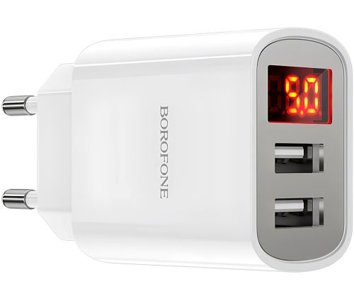 Мережевий зарядний пристрій Borofone BA58A Mighty 2 USB 2.4A 12W адаптер живлення на 2 порти з LED дисплеєм, блок для зарядки телефону 12В Білий