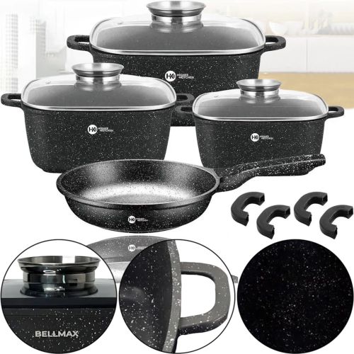 Кухонний набір посуду Bellmax Cookware Set BM - 132 3 казана і сковорода для приготування їжі , каструлі з кришками і гранітним покриттям 9 предметів