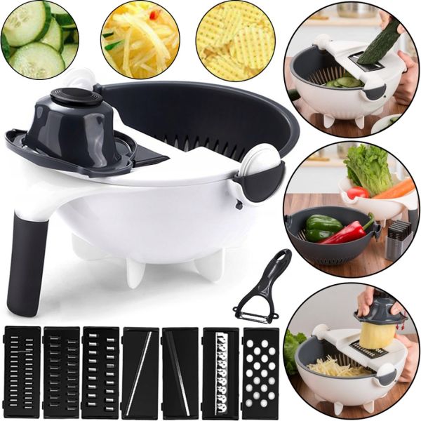 Овочерізка Wet Basket Vegetable Cutter 9 в 1 набір насадок для нарізки овочів і фруктів, Ручна обертається терка-овочерізка мультислайсер з кошиком