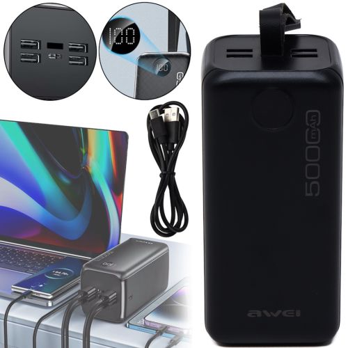 Зовнішній акумулятор повербанк Power Bank Awei P114k 50000 mAh 22.5 W портативний зарядний пристрій для телефону з швидкою зарядкою і дисплеєм 4 USB 