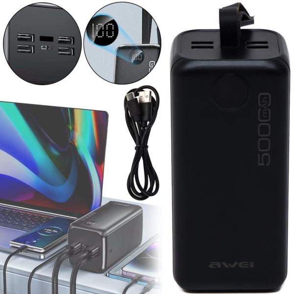 Зовнішній акумулятор повербанк Power Bank Awei P114k 50000 mAh 22.5 W портативний зарядний пристрій для телефону з швидкою зарядкою і дисплеєм 4 USB 