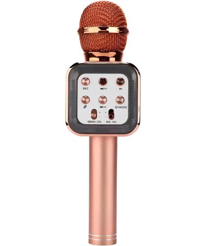 Бездротовий мікрофон караоке Wster WS-1818 Bluetooth USB AUX FM з вбудованою колонкою і функцією зміни голосу на акумуляторі в чохлі Рожевий
