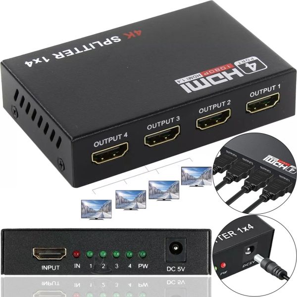 Активний HDMI розгалужувач відеосигналу Splitter 1x4 OEM на 4 HDMI порти з підтримкою 4K 2K, Чотириспрямований спліттер комутатор Чорний