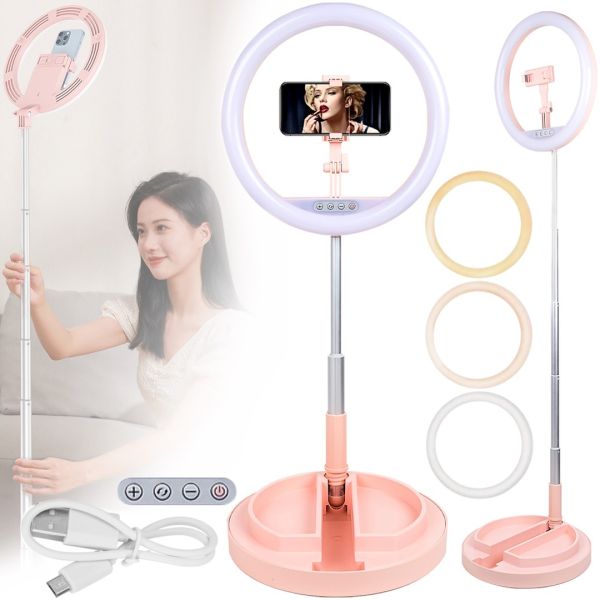 Настільна кільцева LED лампа на штативі Live Light JM-01 29 см селфи кільце з підсвічуванням і тримачем для телефону для фото і відео USB Рожеве