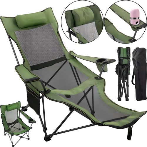 Розкладне крісло шезлонг Lesko SW233 Green До 150 кг з підсклянником для кемпінгу 170x62 см, складаний лежак розкладачка для дачі в чохлі Зелений