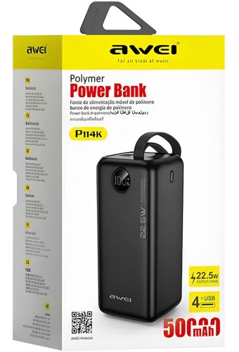 Зовнішній акумулятор повербанк Power Bank Awei P114k 50000 mAh 22.5 W портативний зарядний пристрій для телефону з швидкою зарядкою і дисплеєм 4 USB 