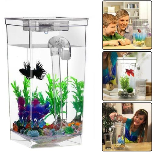 Самоочисний Акваріум My Fun Fish 2 л з LED підсвічуванням 12x12x25 см, квадратний, маленький акриловий наноакваріум з системою самоочищення для рибок