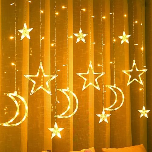Внутренняя гирлянда штора Луна Звезды Star Moon Style теплый белый 2.5Х1 м 138 LED диодов WW, светодиодная гирлянда-занавес на окно 2.5мх1м 220V