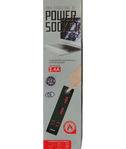 Мережевий подовжувач Power Socket BKL-01 2500W 3.4А на 2 розетки 4 USB 2 м фільтр перенесення з вимикачем для підключення приладів до мережі Чорний