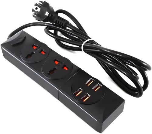 Мережевий подовжувач Power Socket BKL-01 2500W 3.4А на 2 розетки 4 USB 2 м фільтр перенесення з вимикачем для підключення приладів до мережі Чорний