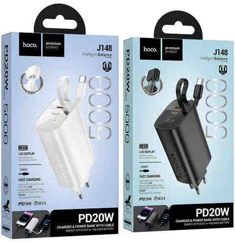 Сетевое зарядное устройство Hoco J148 PD20W Power Bank 5000 mAh портативный внешний аккумулятор Type-C повербанк с кабелем и адаптером для зарядки