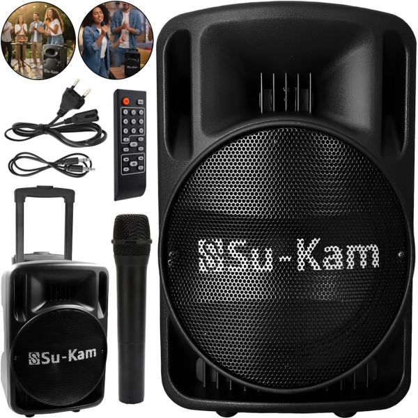 Акумуляторна колонка караоке Su-Kam BT-100D 500W USB AUX SD портативна акустична Bluetooth система з бездротовим мікрофоном 12V/220V Чорна