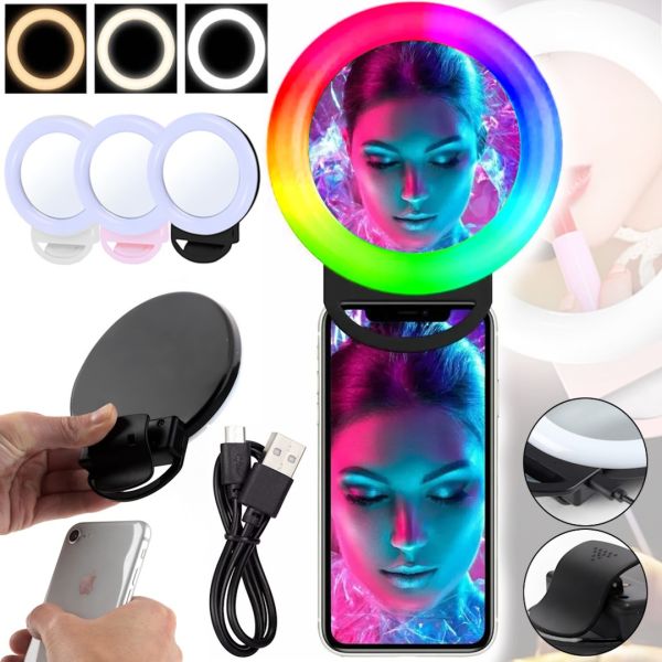 Світлодіодне LED селфі кільце Selfie Ring Light A4S 11.5 см акумуляторна RGB лампа із затискачем, кільцеве підсвічування з дзеркалом на телефон USB H8-1