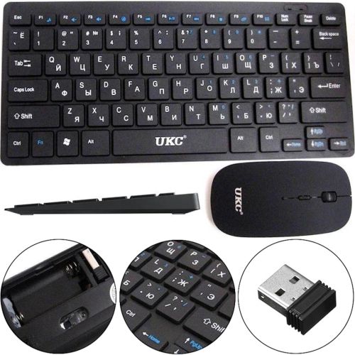Комплект беспроводная ультратонкая Bluetooth клавиатура и мышь UKC WI1214 Black набор 2 в 1 для ПК компьютера ноутбука с USB адаптером 2.4GHz Черный