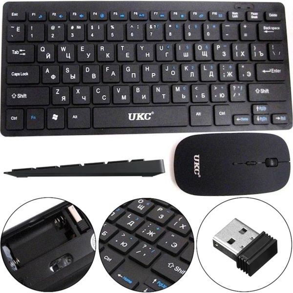 Комплект бездротова ультратонка Bluetooth клавіатура і миша UKC WI1214 Black набір 2 в 1 для ПК комп'ютера ноутбука з USB адаптером 2.4 GHz Чорний