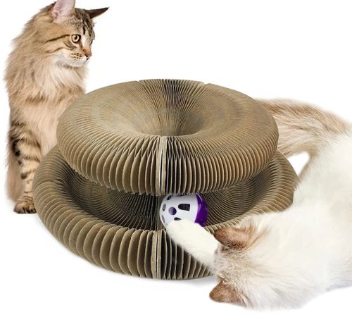 Когтеточка лежанка для кошек Cat Scratching Board 2 в 1 напольная складная игрушка с мячиком для игры из гофрокартона, раскладной волшебный орган