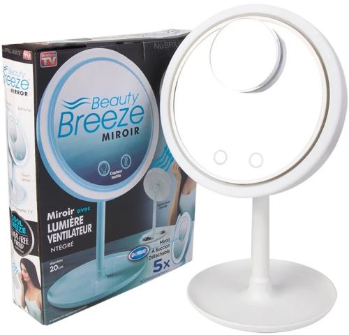 Кругле сенсорне дзеркало для макіяжу з вентилятором Beauty Breeze Mirror CM-062 настільне акумуляторне дзеркало з підсвічуванням і збільшенням біле