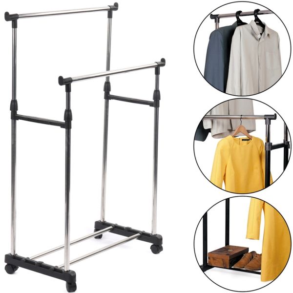 Телескопічна стійка-вішалка для зберігання одягу та взуття Double Pole Clothes Horse підлогова пересувна стійка, подвійна вішалка на коліщатках